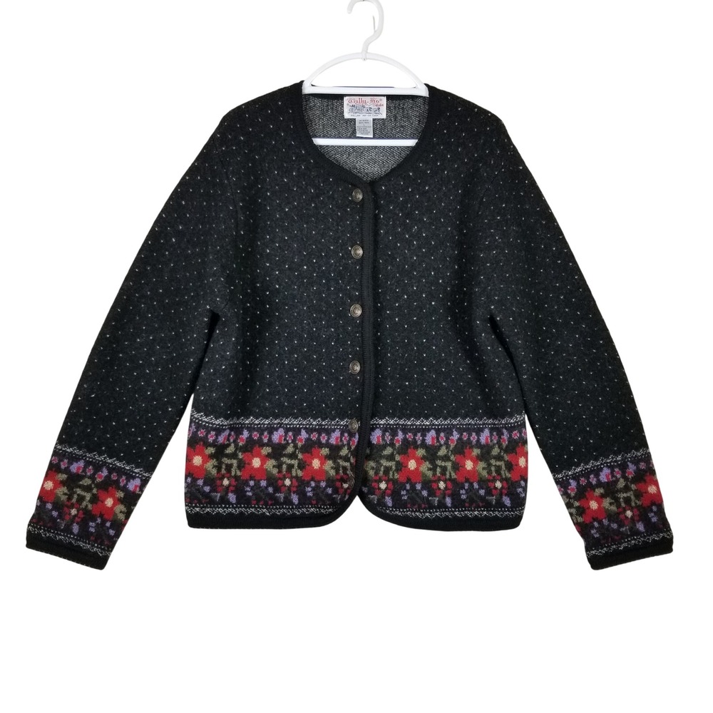 Tally-Ho Cardigan Sweater Womens Large Black Wool Floral Nordic Button Front